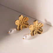 Flower Inlay Pearl Drop Earrings