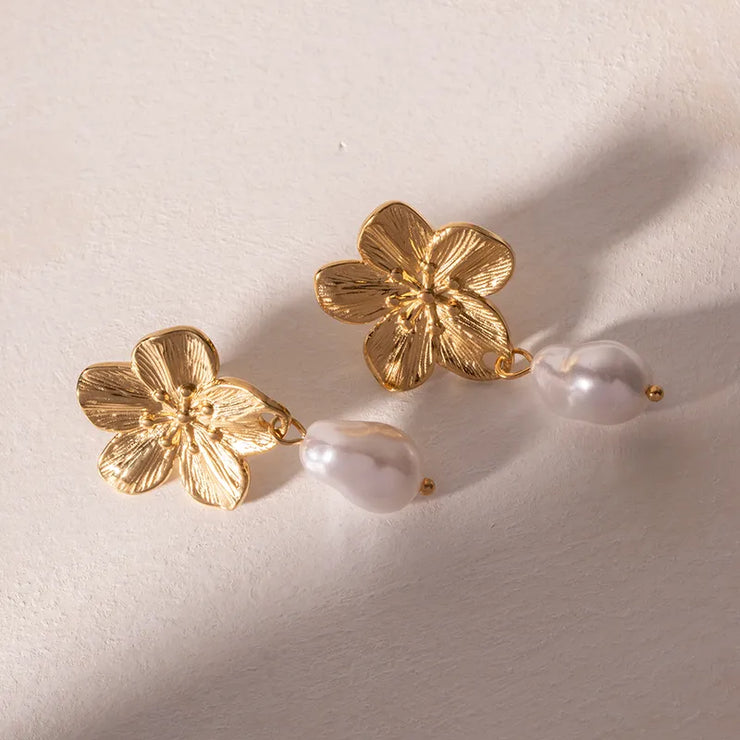 Flower Inlay Pearl Drop Earrings