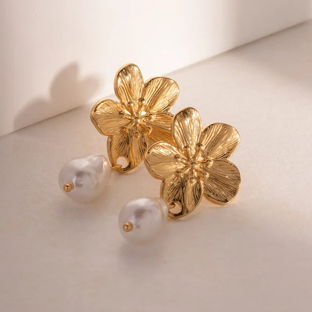 Flower Inlay Pearl Drop Earrings